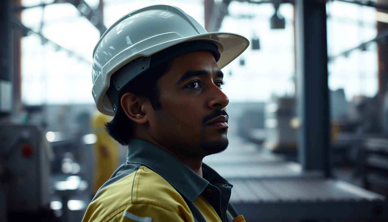 Operário brasileiro na linha de montagem com capacete em estilo editorial