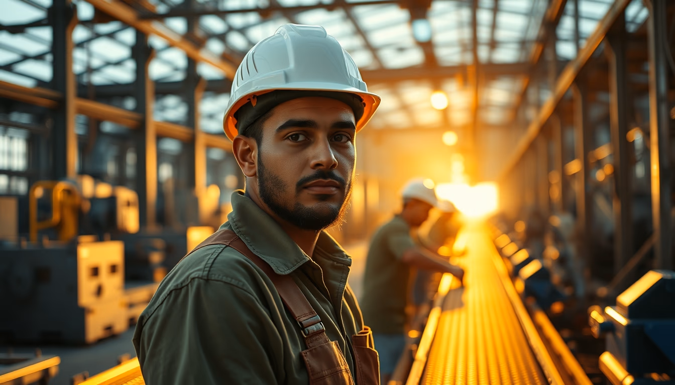 Brazilian factory worker on assembly line with safety helmet in editorial style