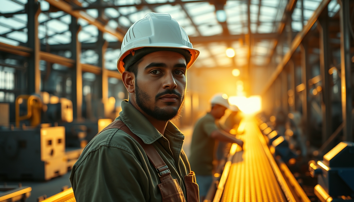 Brazilian factory worker on assembly line with safety helmet in editorial style