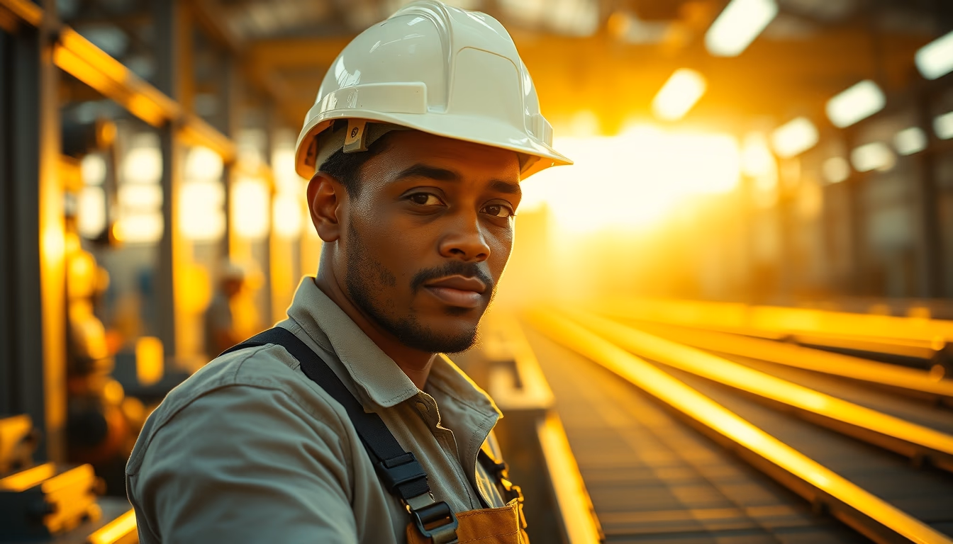 Brazilian factory worker on assembly line with safety helmet in editorial style