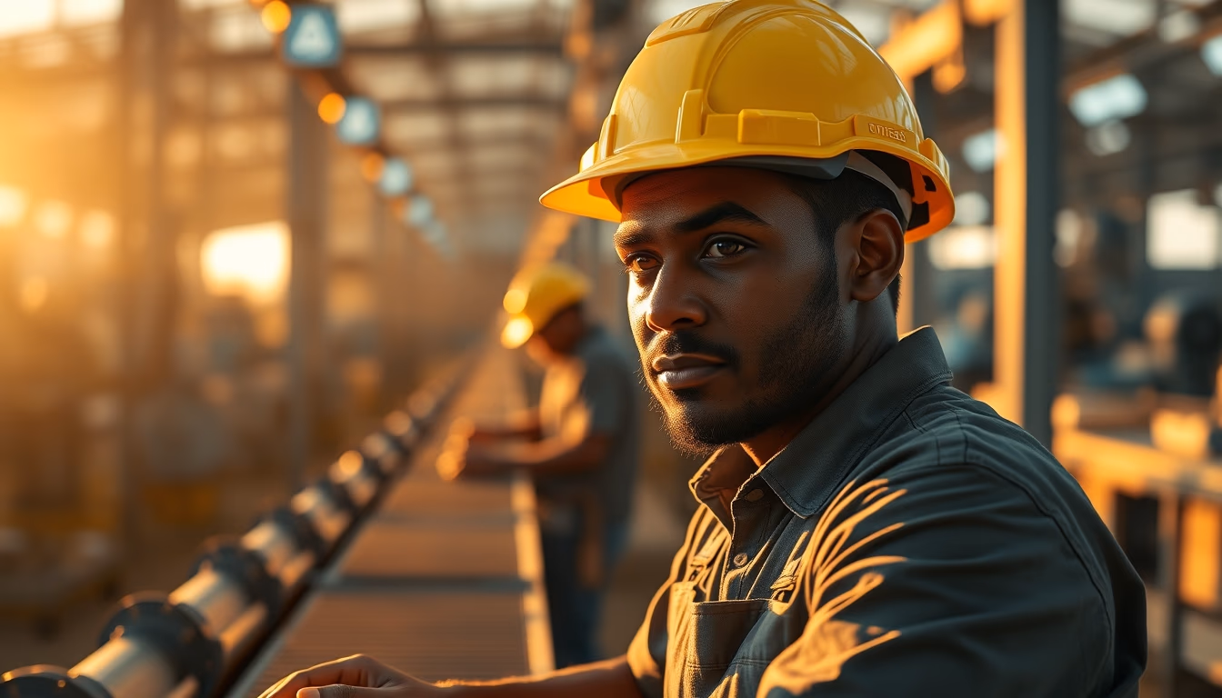 Brazilian factory worker on assembly line with safety helmet in editorial style