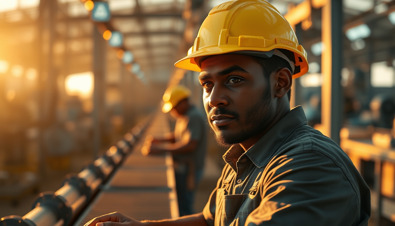 Brazilian factory worker on assembly line with safety helmet in editorial style