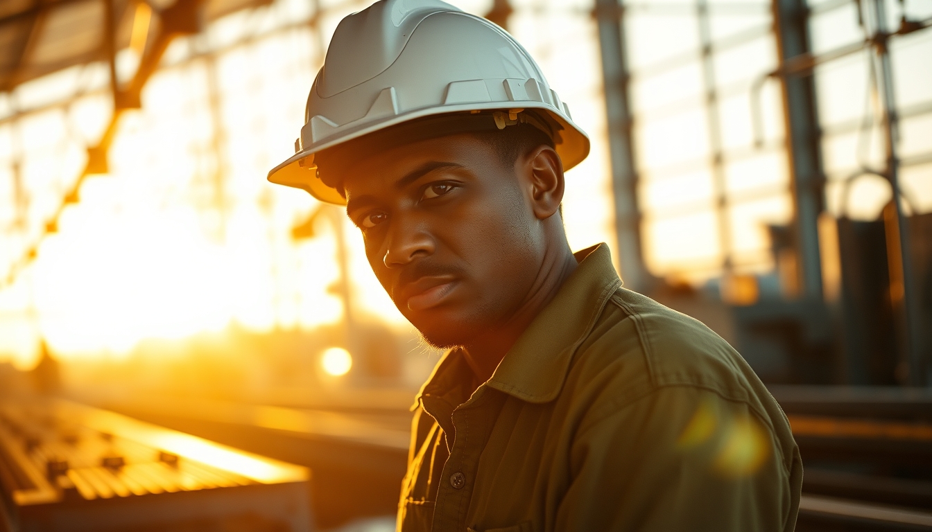 Brazilian factory worker on assembly line with safety helmet in editorial style