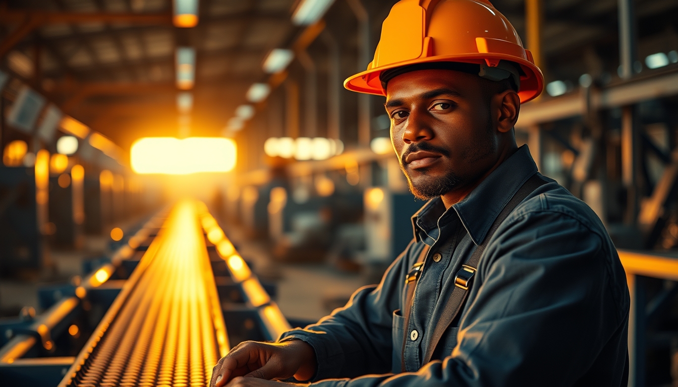 Brazilian factory worker on assembly line with safety helmet in editorial style