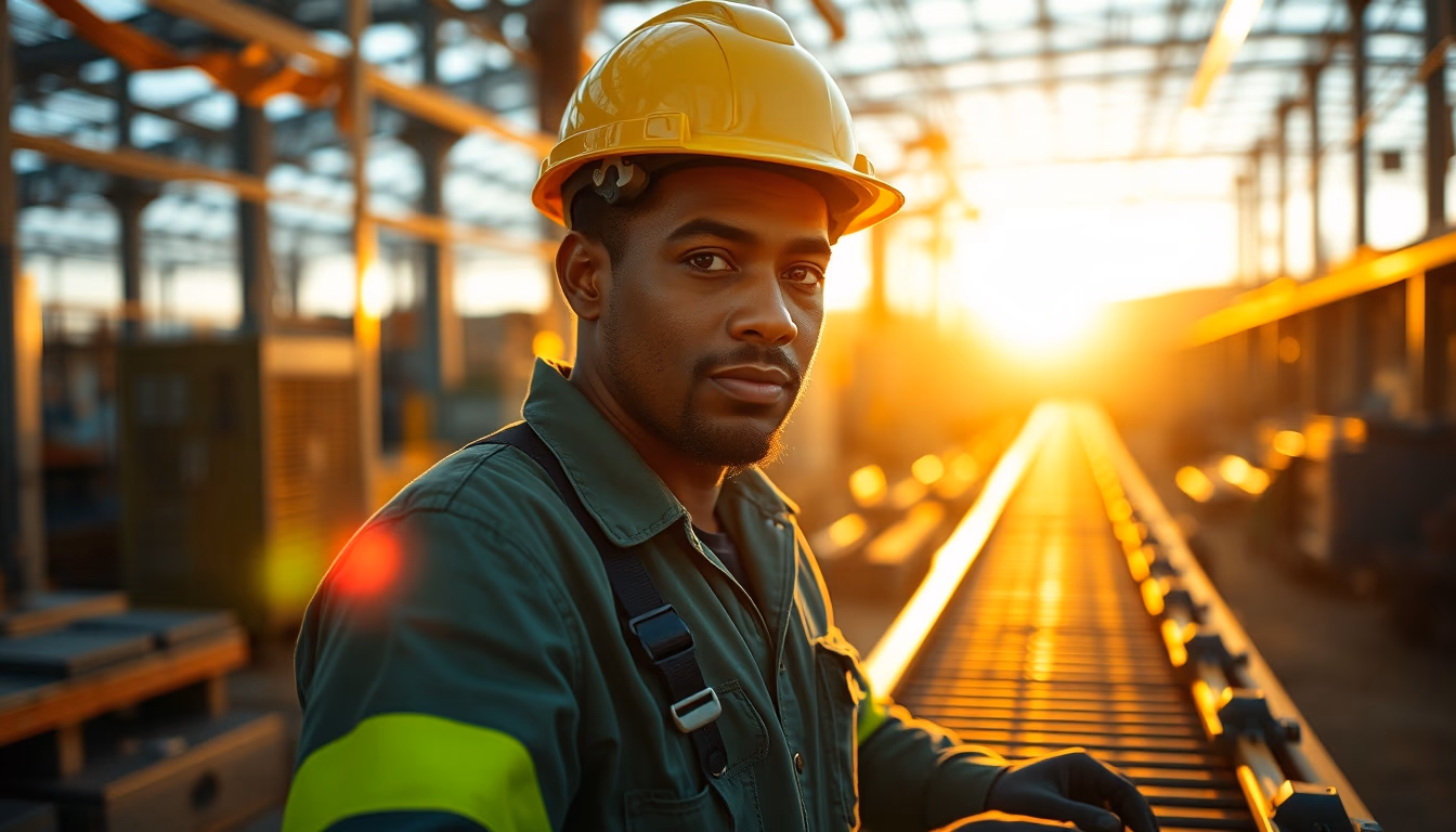 Brazilian factory worker on assembly line with safety helmet in editorial style