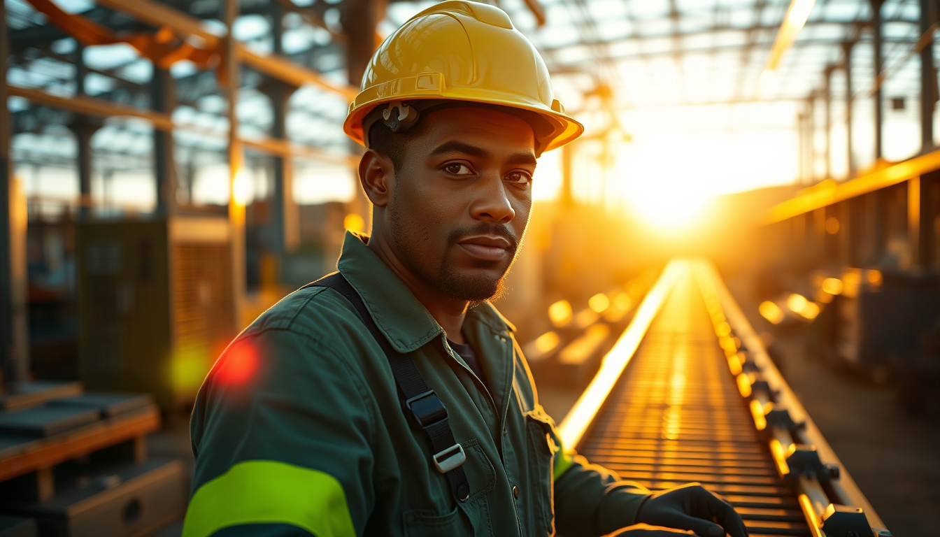 Brazilian factory worker on assembly line with safety helmet in editorial style