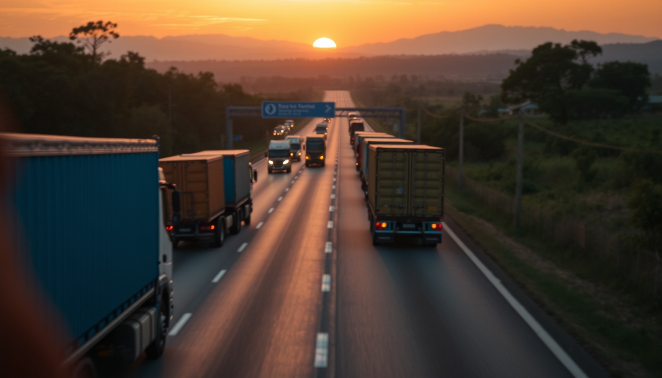Brazilian Rodovia BR-101 ao entardecer com caminhões de carga em estilo editorial