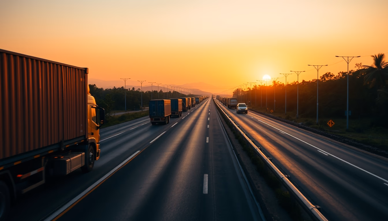 Brazilian highway BR-101 stretching toward horizon with cargo trucks at golden hour in editorial style