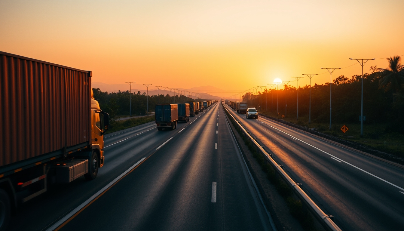 Brazilian Rodovia BR-101 ao entardecer com caminhões de carga em estilo editorial