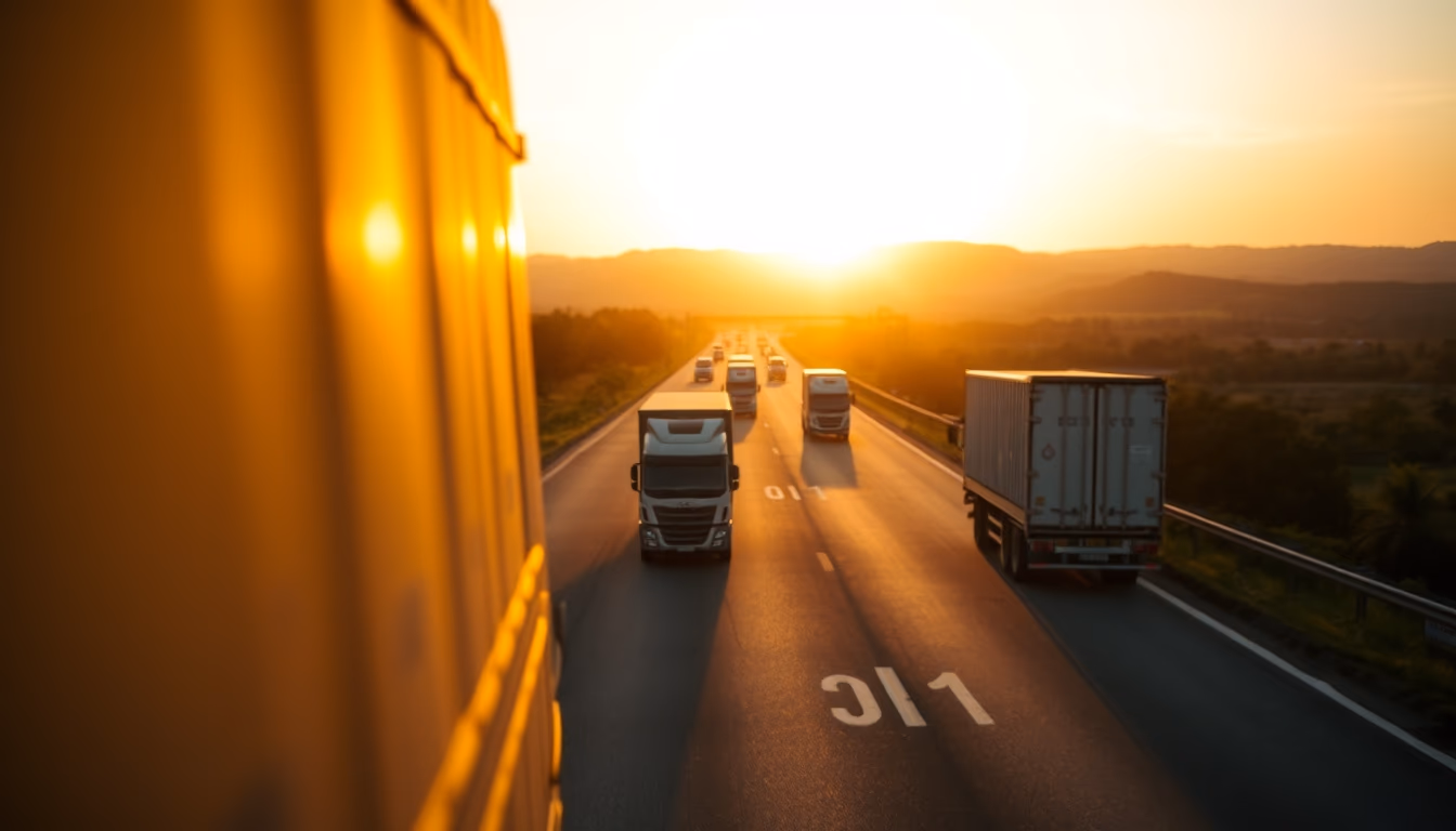 Brazilian highway BR-101 stretching toward horizon with cargo trucks at golden hour in editorial style