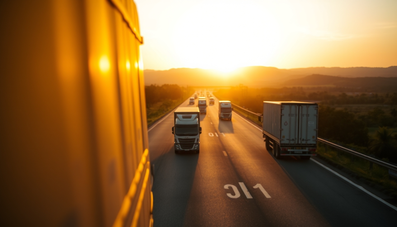 Brazilian highway BR-101 stretching toward horizon with cargo trucks at golden hour in editorial style
