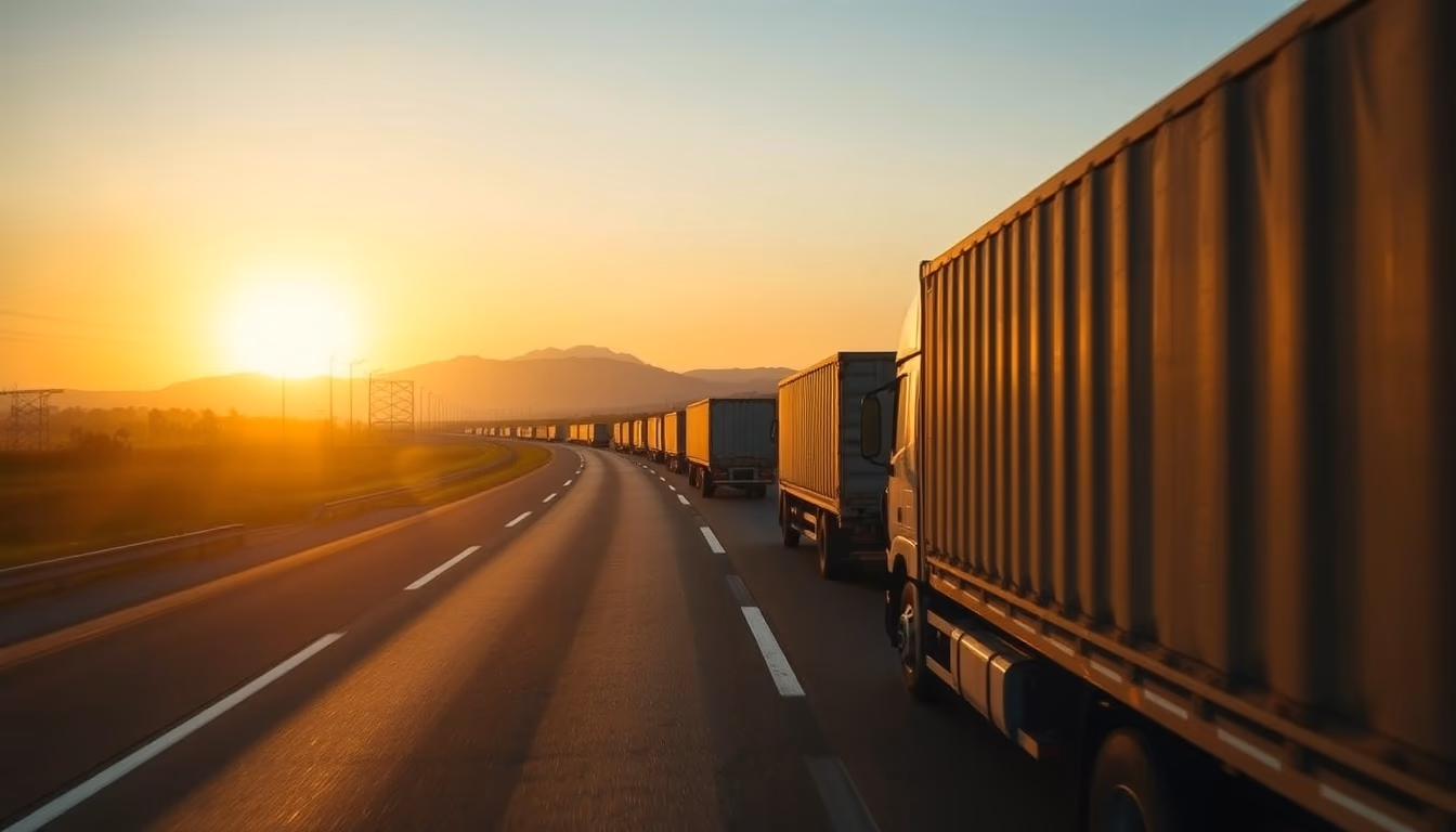 Brazilian highway BR-101 stretching toward horizon with cargo trucks at golden hour in editorial style