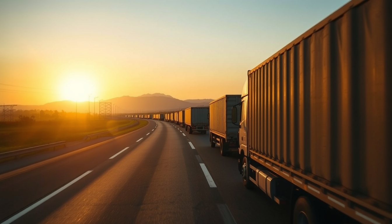 Brazilian highway BR-101 stretching toward horizon with cargo trucks at golden hour in editorial style