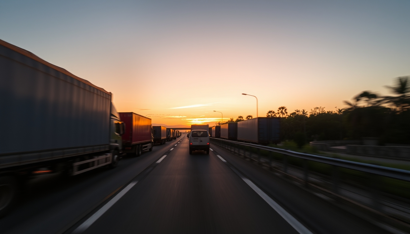 Brazilian highway BR-101 stretching toward horizon with cargo trucks at golden hour in editorial style
