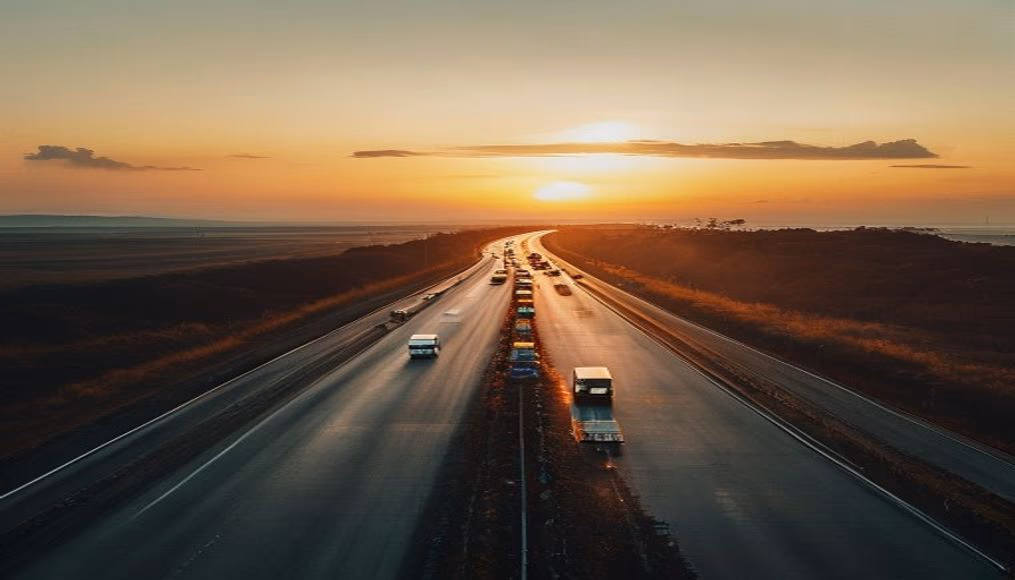 Brazilian highway BR-101 stretching toward horizon with cargo trucks at golden hour in editorial style