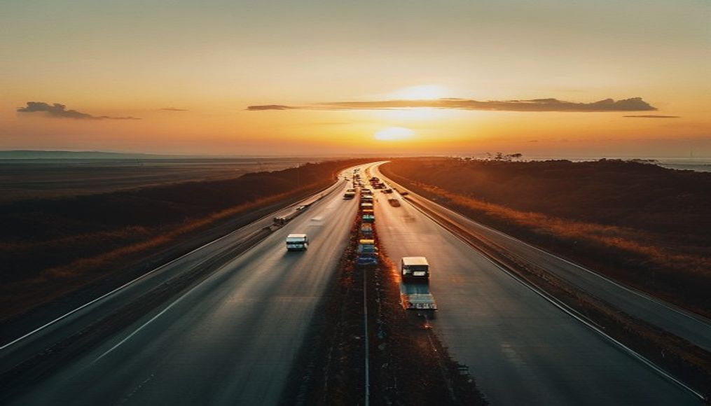 Brazilian highway BR-101 stretching toward horizon with cargo trucks at golden hour in editorial style