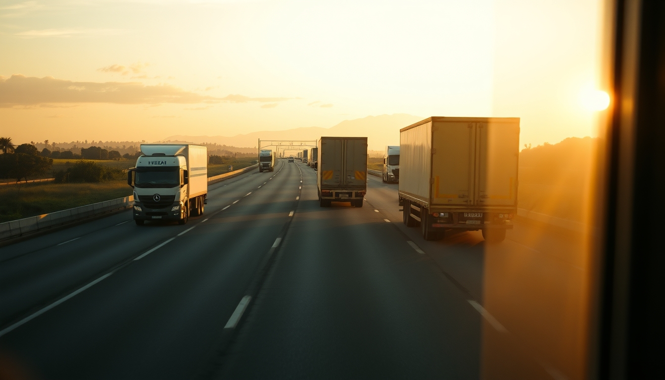 Brazilian Rodovia BR-101 ao entardecer com caminhões de carga em estilo editorial