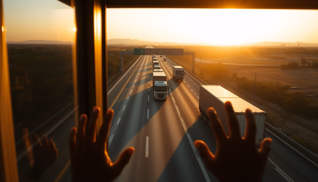 Brazilian highway BR-101 stretching toward horizon with cargo trucks at golden hour in editorial style