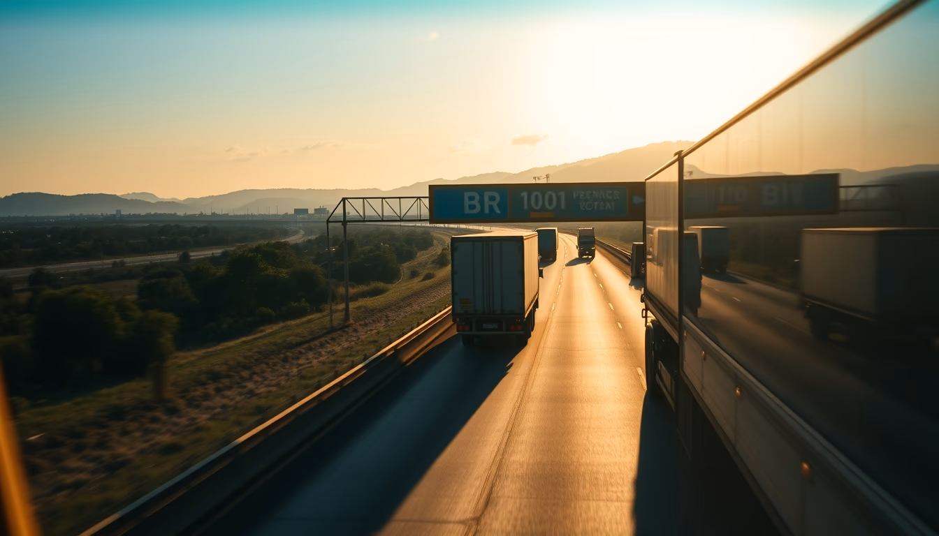 Brazilian highway BR-101 stretching toward horizon with cargo trucks at golden hour in editorial style