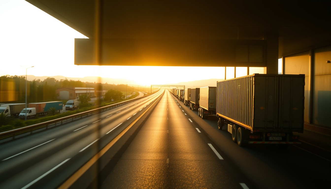Brazilian highway BR-101 stretching toward horizon with cargo trucks at golden hour in editorial style