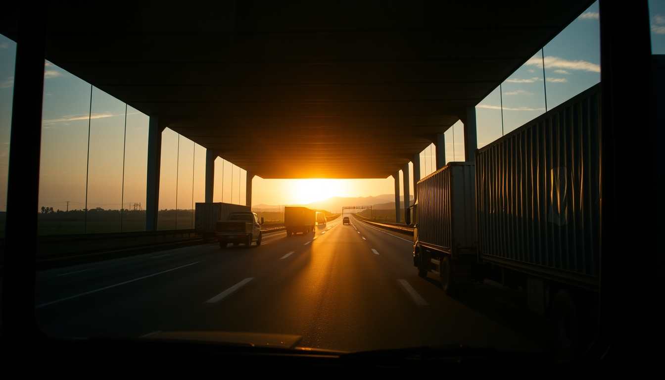 Brazilian highway BR-101 stretching toward horizon with cargo trucks at golden hour in editorial style