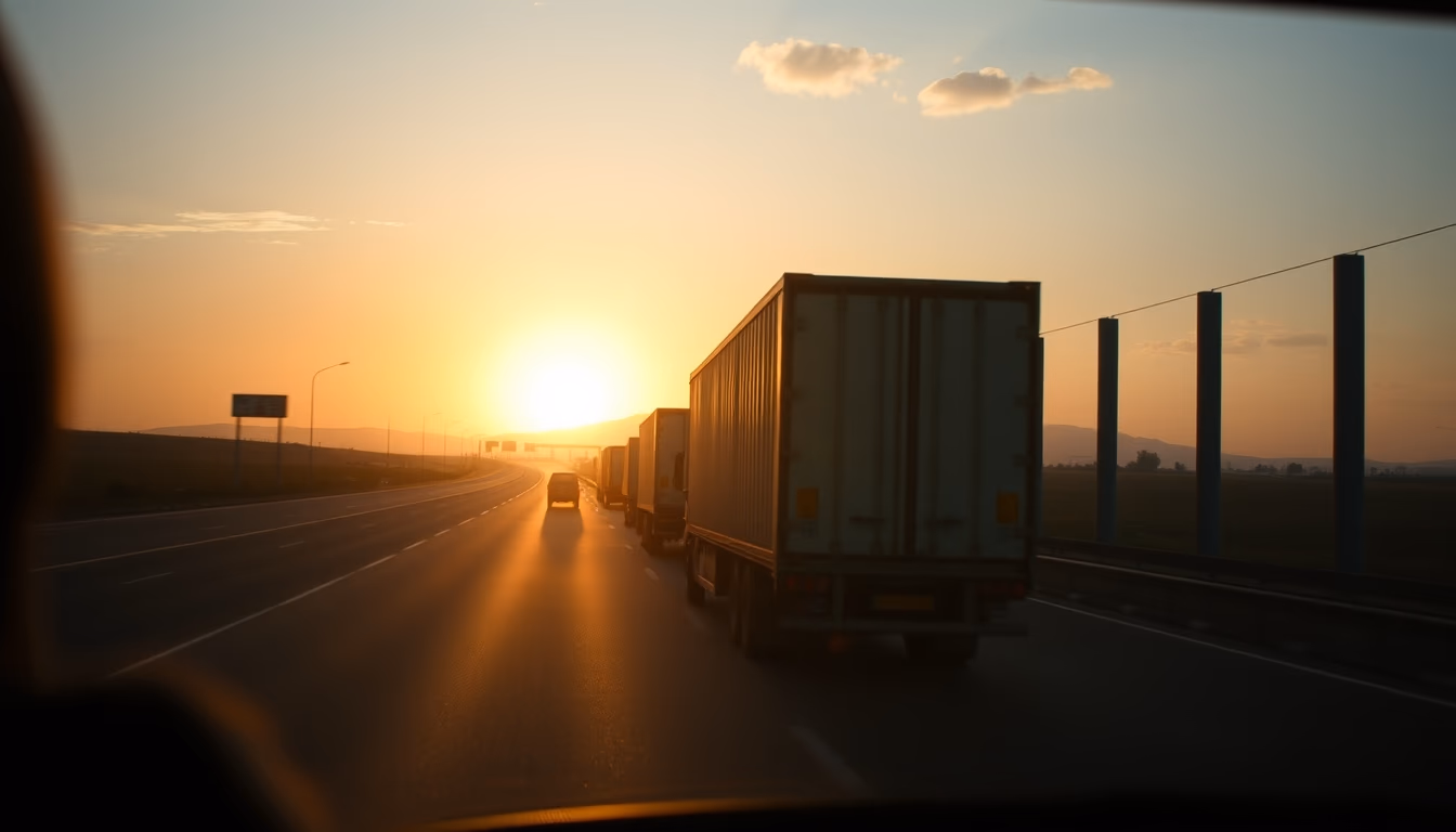 Brazilian highway BR-101 stretching toward horizon with cargo trucks at golden hour in editorial style