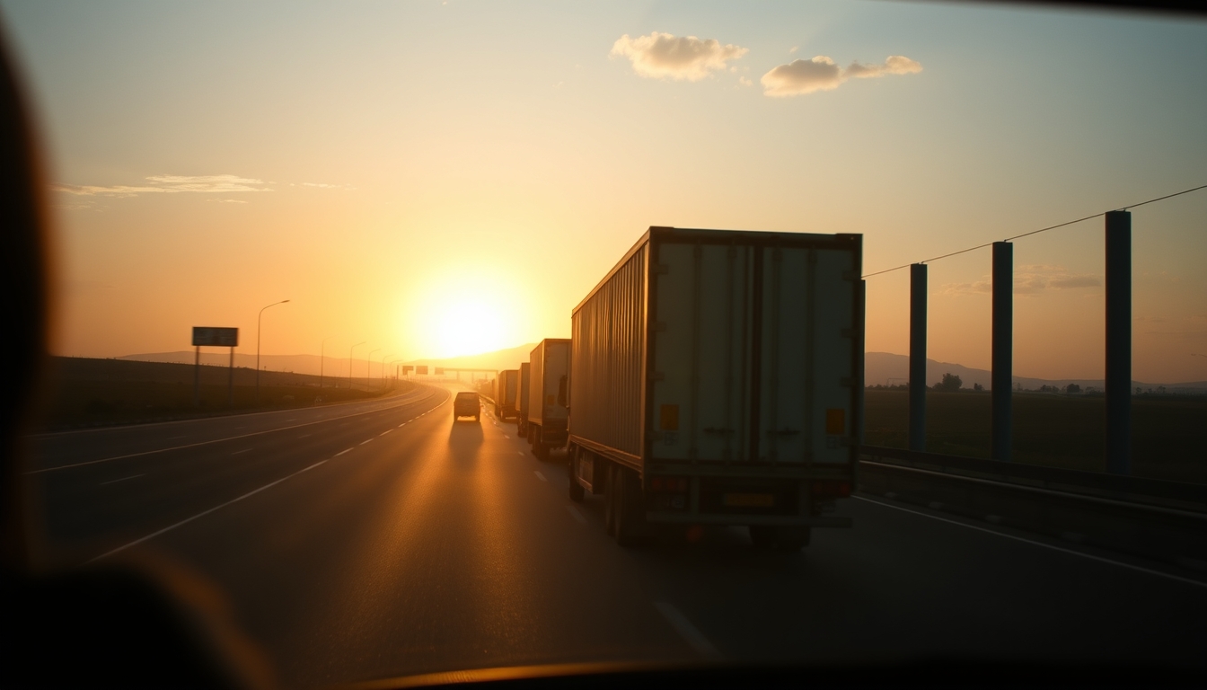 Brazilian highway BR-101 stretching toward horizon with cargo trucks at golden hour in editorial style