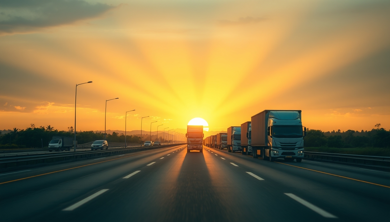 Brazilian Rodovia BR-101 ao entardecer com caminhões de carga em estilo editorial