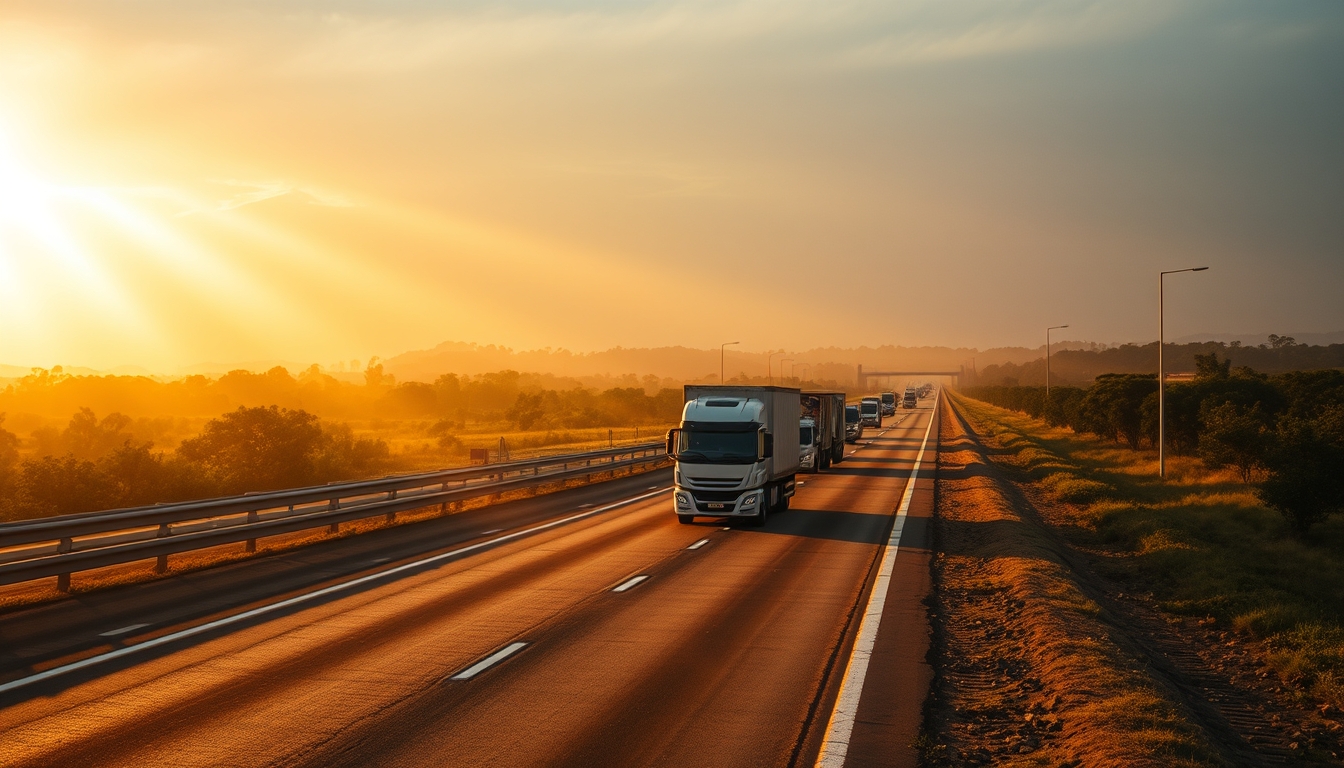 Brazilian Rodovia BR-101 ao entardecer com caminhões de carga em estilo editorial