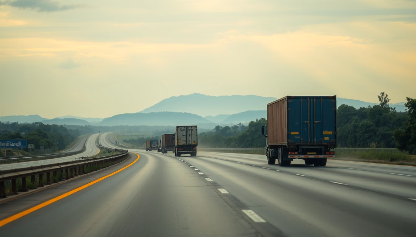 Brazilian highway BR-101 stretching toward horizon with cargo trucks at golden hour in editorial style