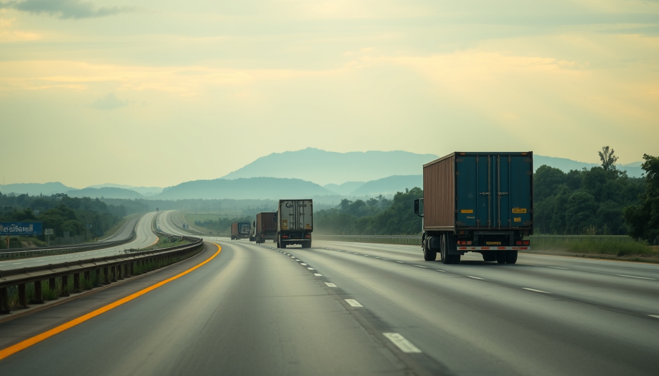 Brazilian highway BR-101 stretching toward horizon with cargo trucks at golden hour in editorial style