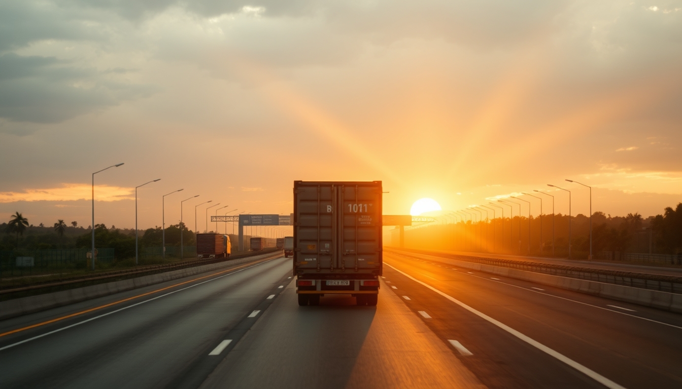 Brazilian highway BR-101 stretching toward horizon with cargo trucks at golden hour in editorial style