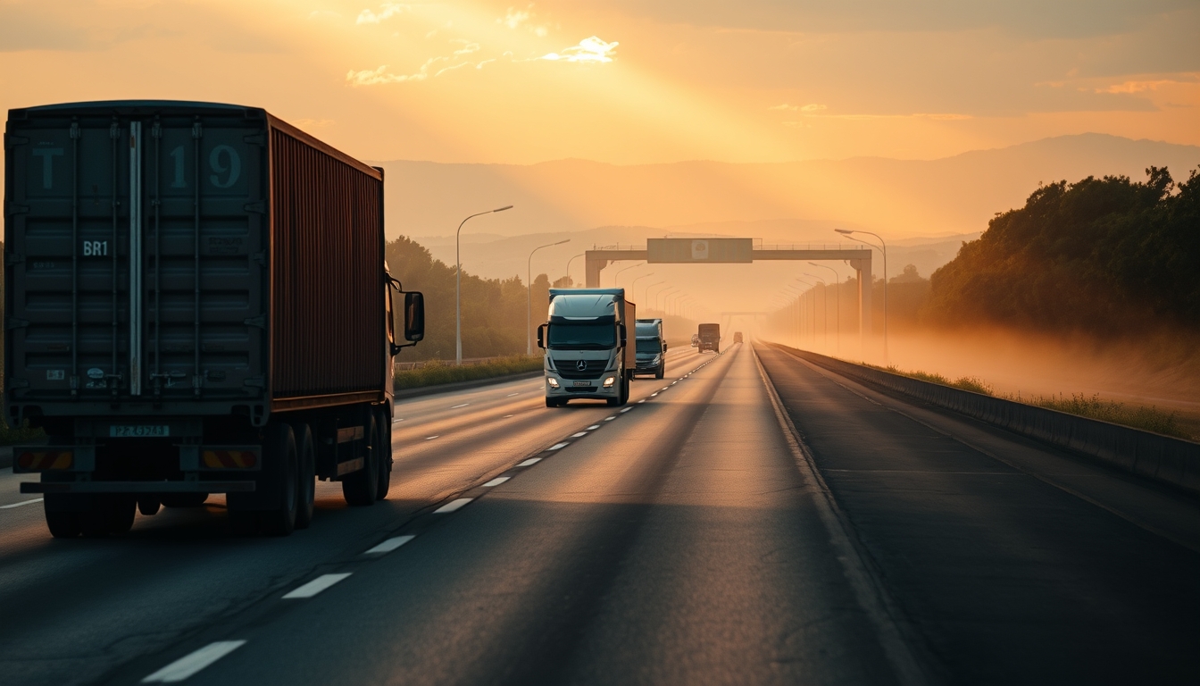 Brazilian highway BR-101 stretching toward horizon with cargo trucks at golden hour in editorial style