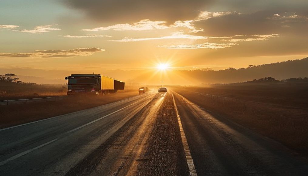 Brazilian highway BR-101 stretching toward horizon with cargo trucks at golden hour in editorial style
