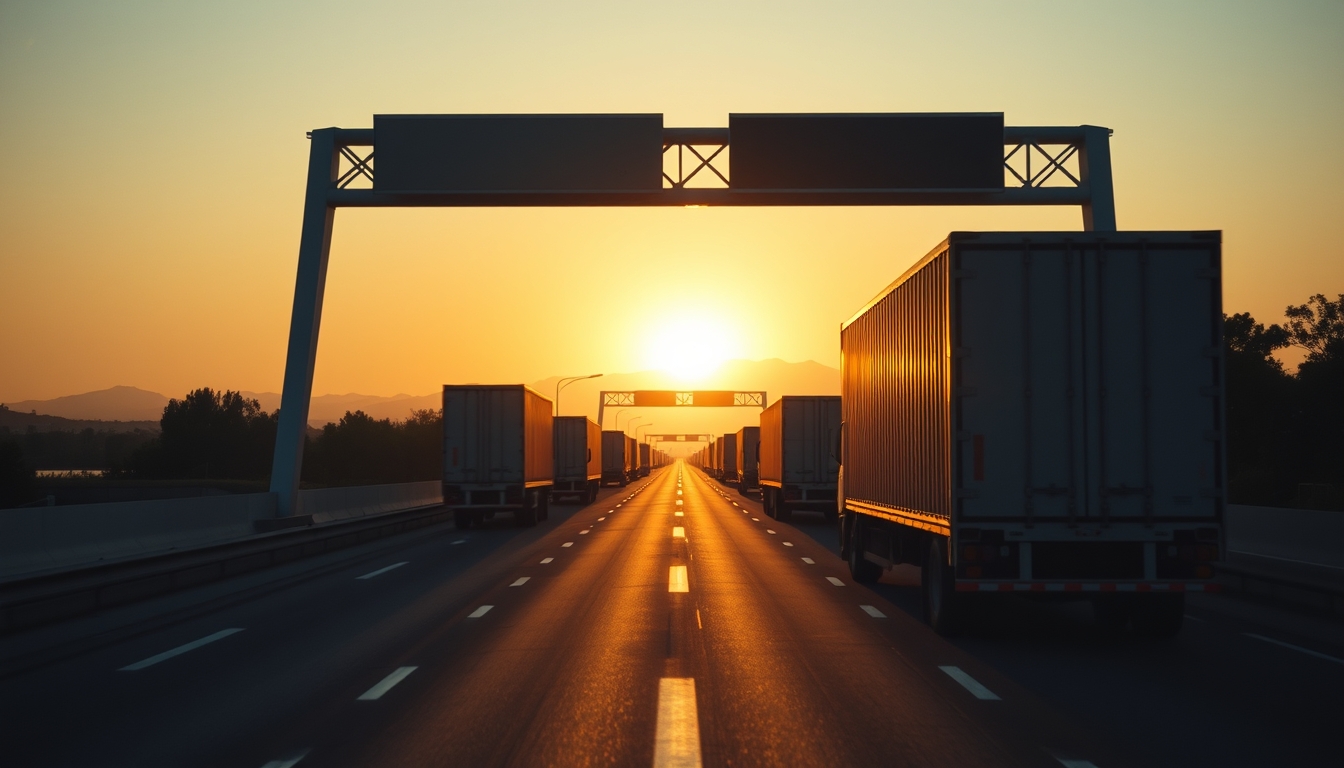 Brazilian highway BR-101 stretching toward horizon with cargo trucks at golden hour in editorial style