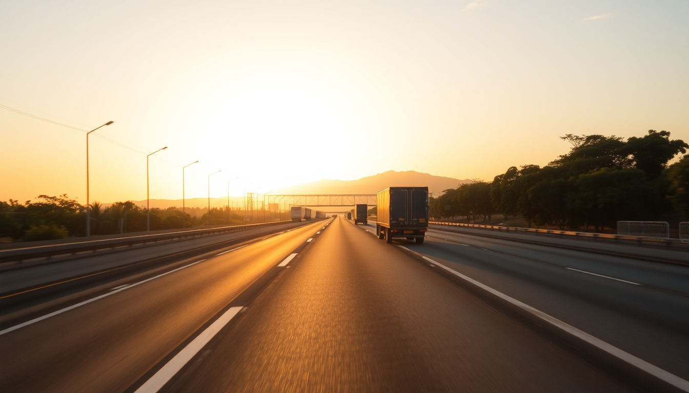 Brazilian highway BR-101 stretching toward horizon with cargo trucks at golden hour in editorial style