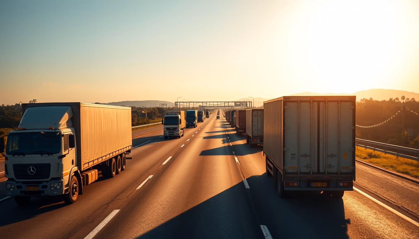 Brazilian highway BR-101 stretching toward horizon with cargo trucks at golden hour in editorial style