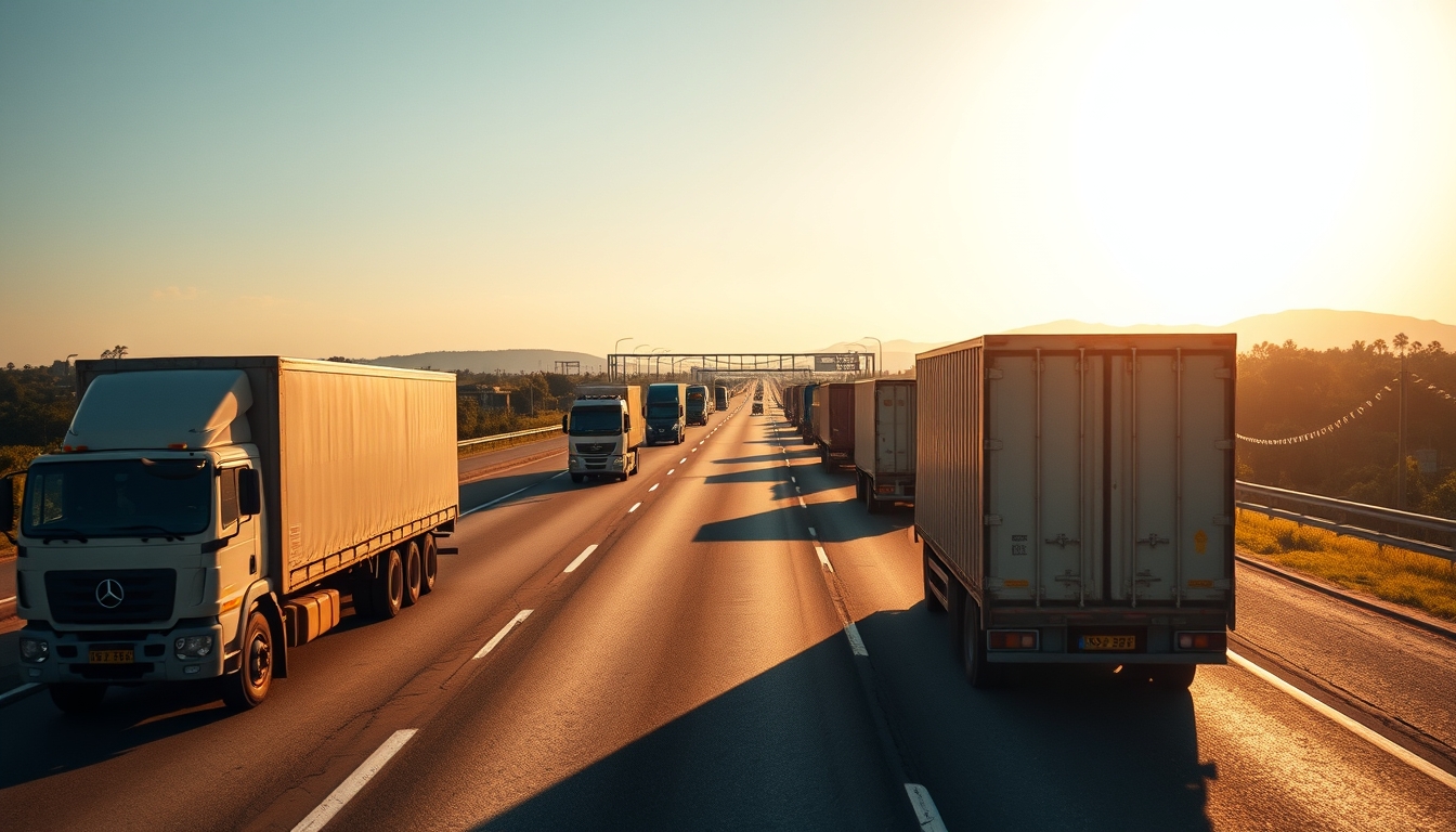 Brazilian highway BR-101 stretching toward horizon with cargo trucks at golden hour in editorial style