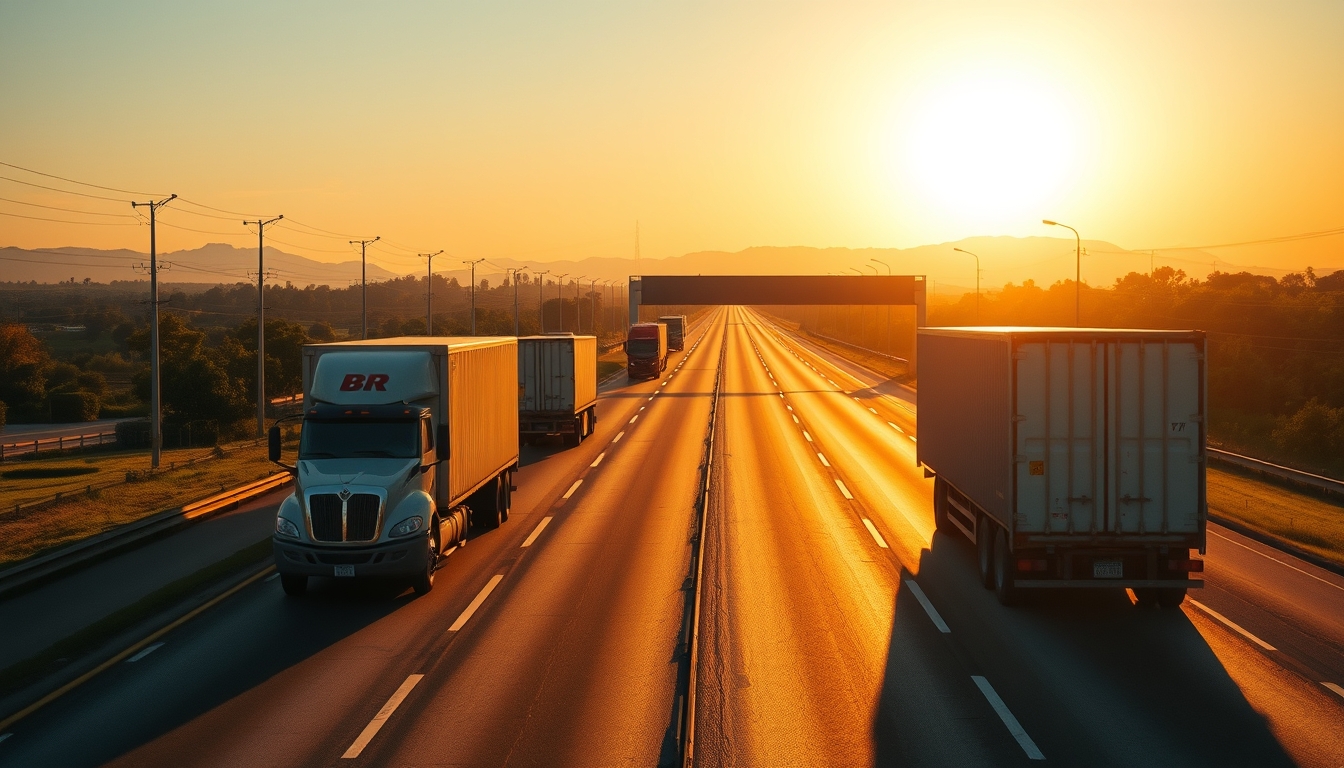 Brazilian highway BR-101 stretching toward horizon with cargo trucks at golden hour in editorial style