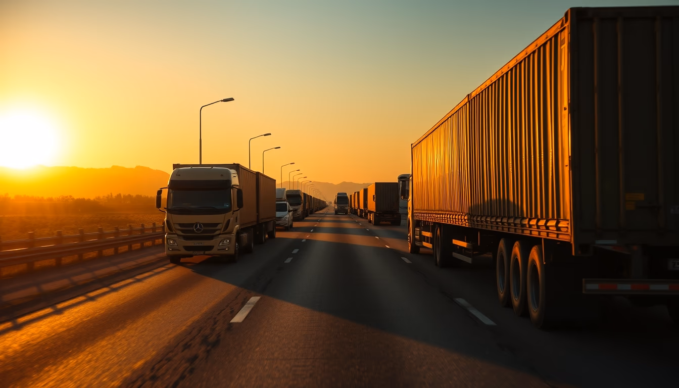 Brazilian highway BR-101 stretching toward horizon with cargo trucks at golden hour in editorial style