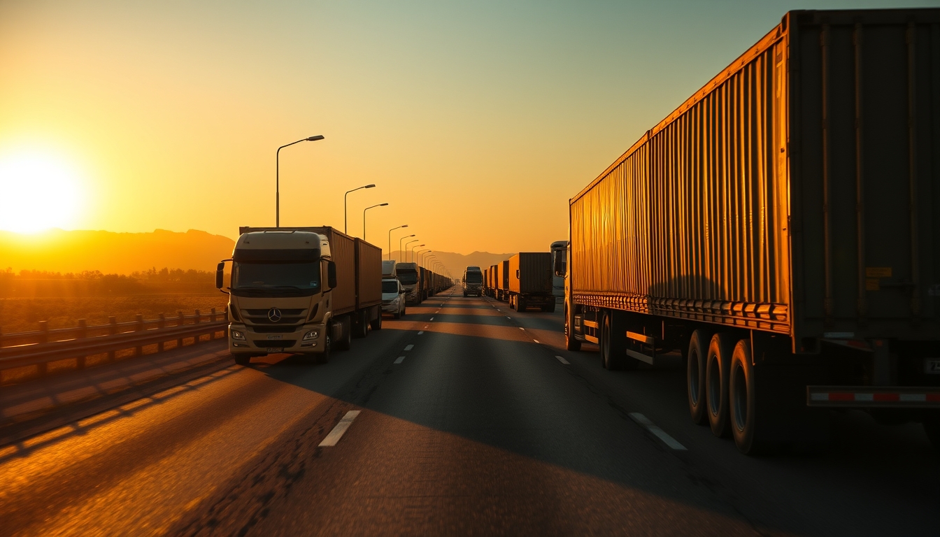 Brazilian highway BR-101 stretching toward horizon with cargo trucks at golden hour in editorial style