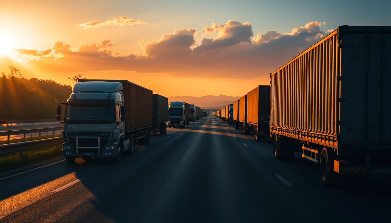 Brazilian highway BR-101 stretching toward horizon with cargo trucks at golden hour in editorial style