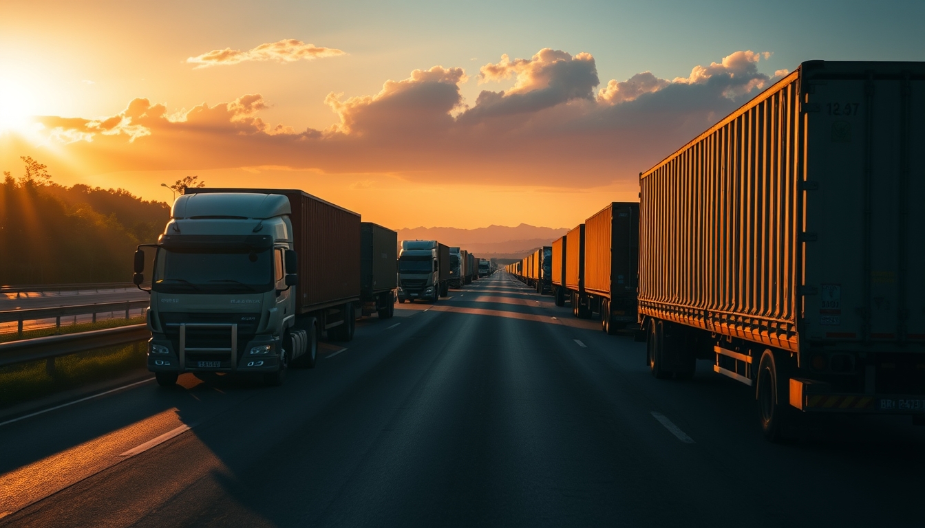 Brazilian highway BR-101 stretching toward horizon with cargo trucks at golden hour in editorial style