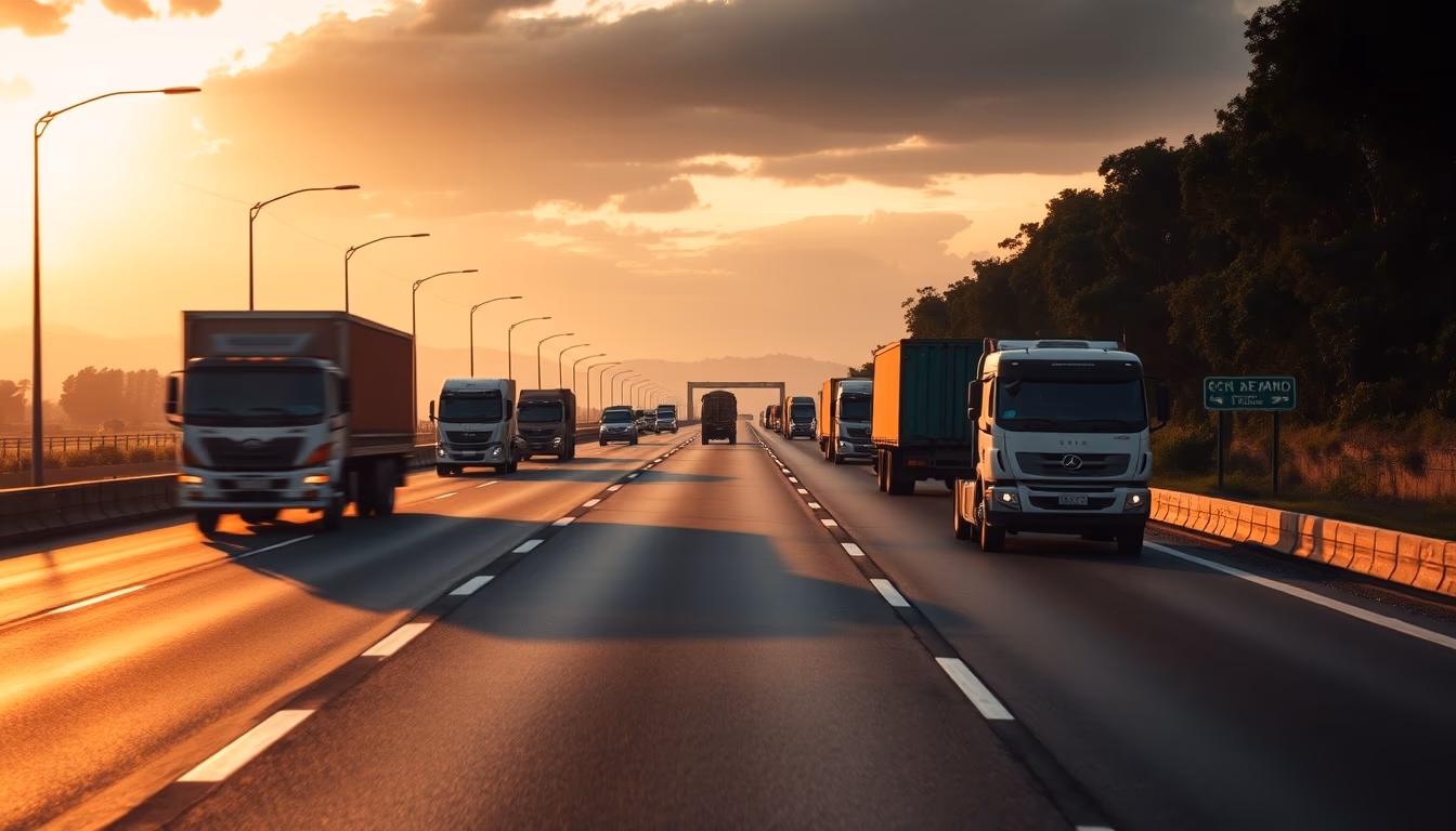 Brazilian highway BR-101 stretching toward horizon with cargo trucks at golden hour in editorial style