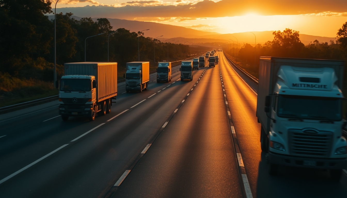 Brazilian highway BR-101 stretching toward horizon with cargo trucks at golden hour in editorial style