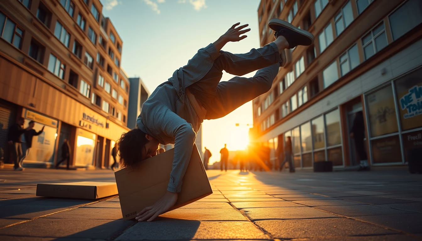 breakdance cardboard urban in editorial style