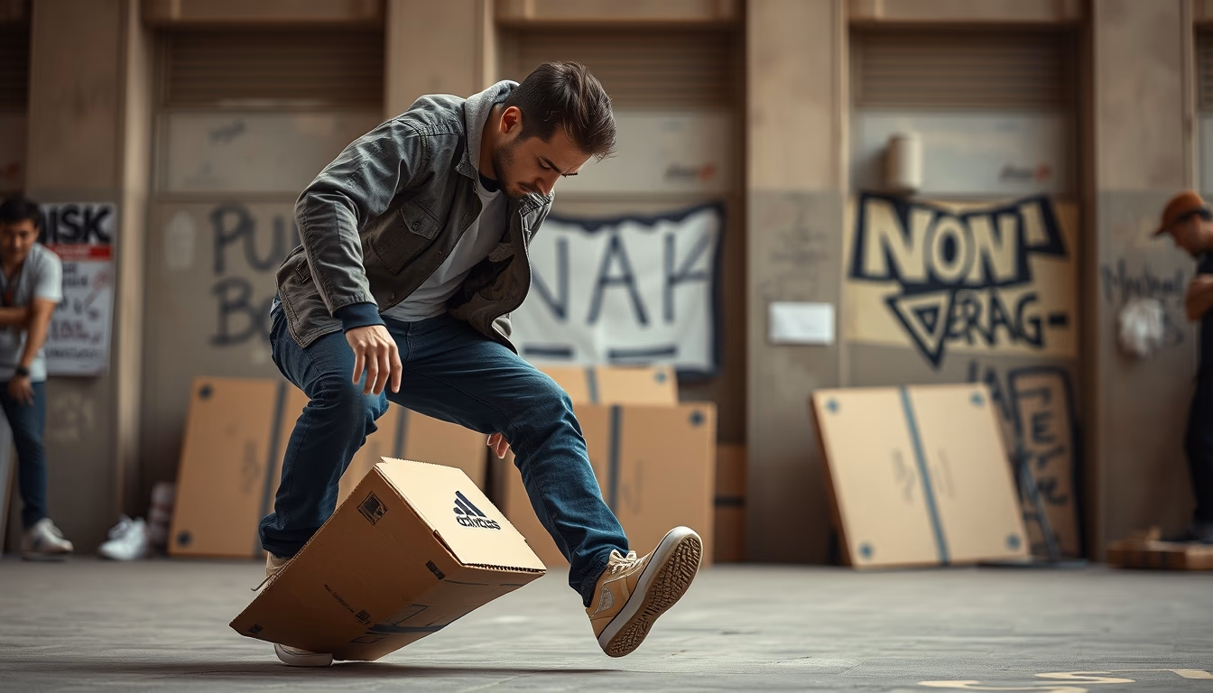 breakdance cardboard urban in editorial style