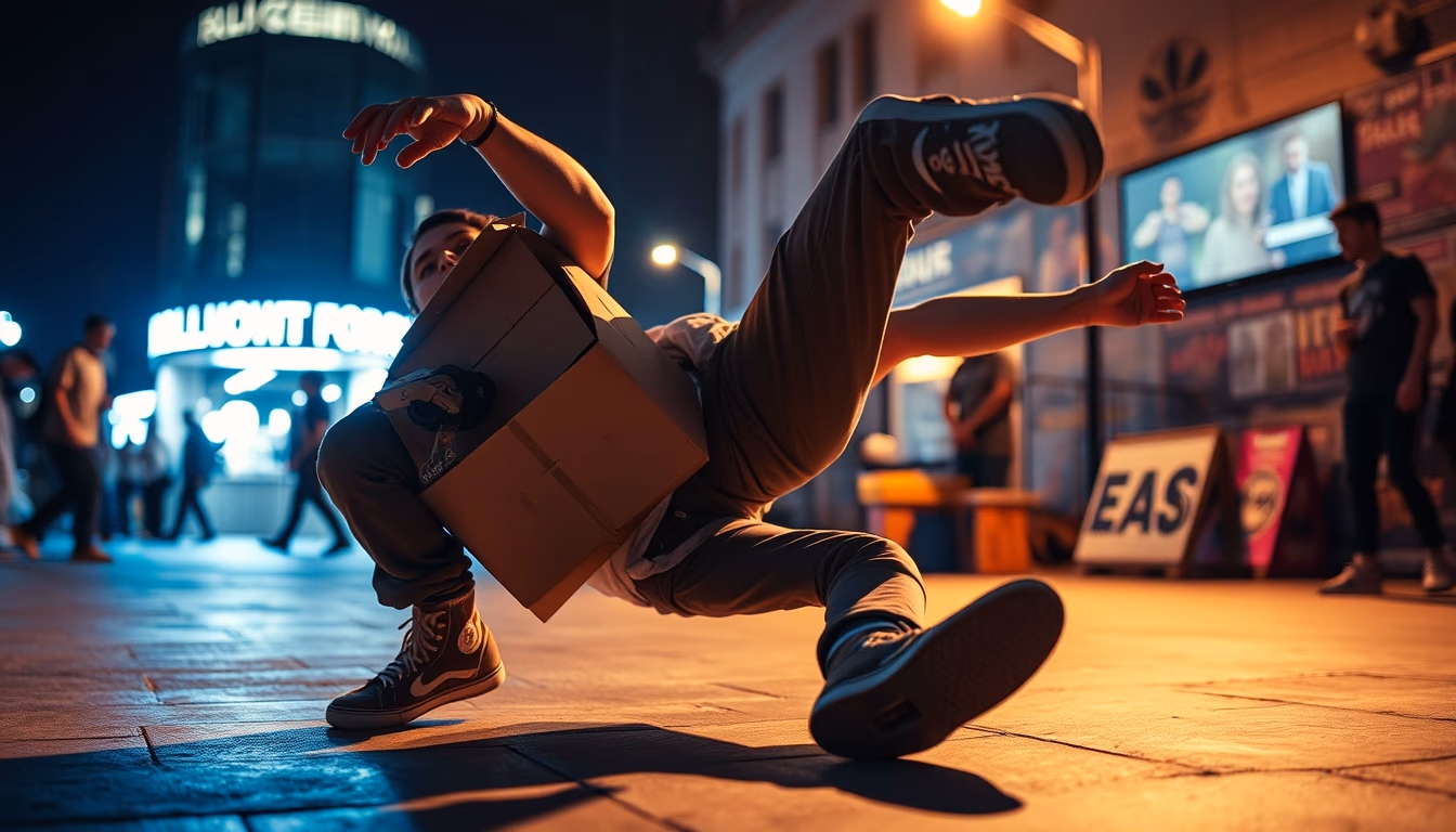 breakdance cardboard urban in editorial style