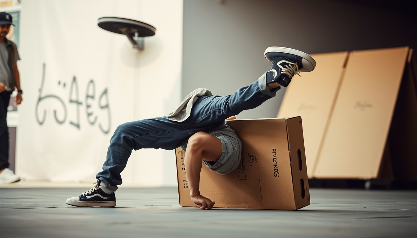 breakdance cardboard urban in editorial style
