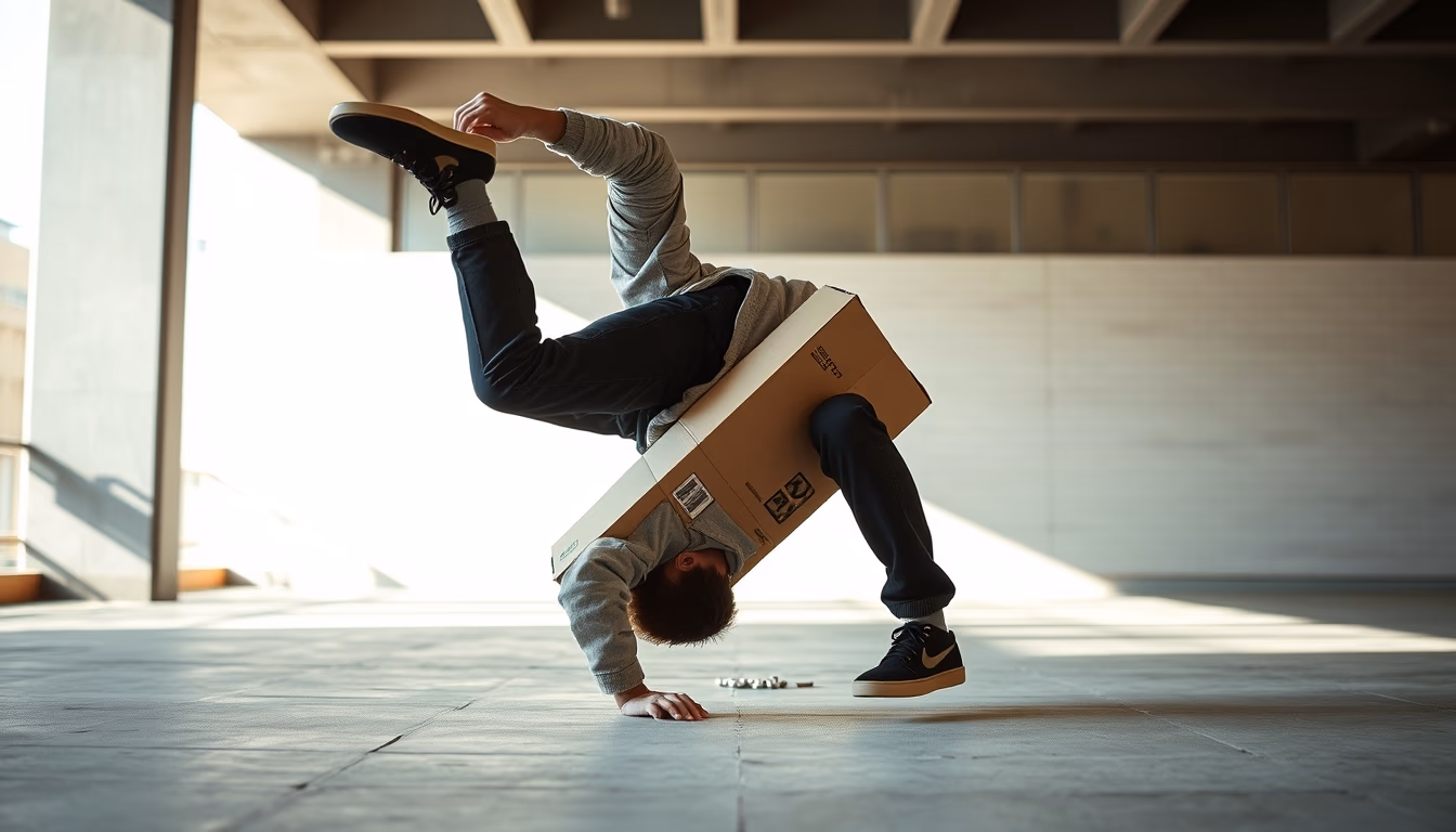 breakdance cardboard urban in editorial style